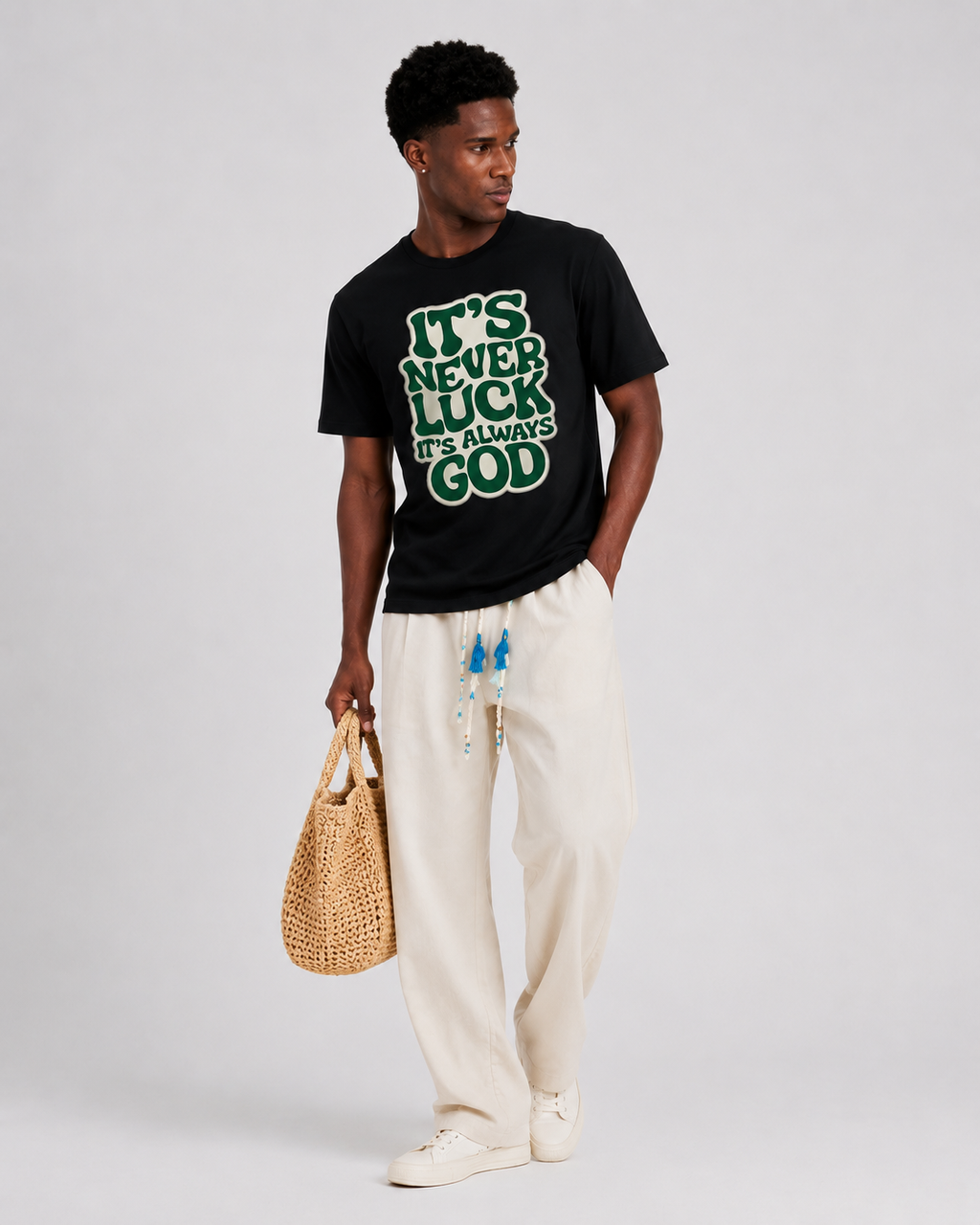 OBSIDIAN "It's Never Luck, It's Always God" Oversized Graphic T-Shirt – Black | Motivational Streetwear Tee
