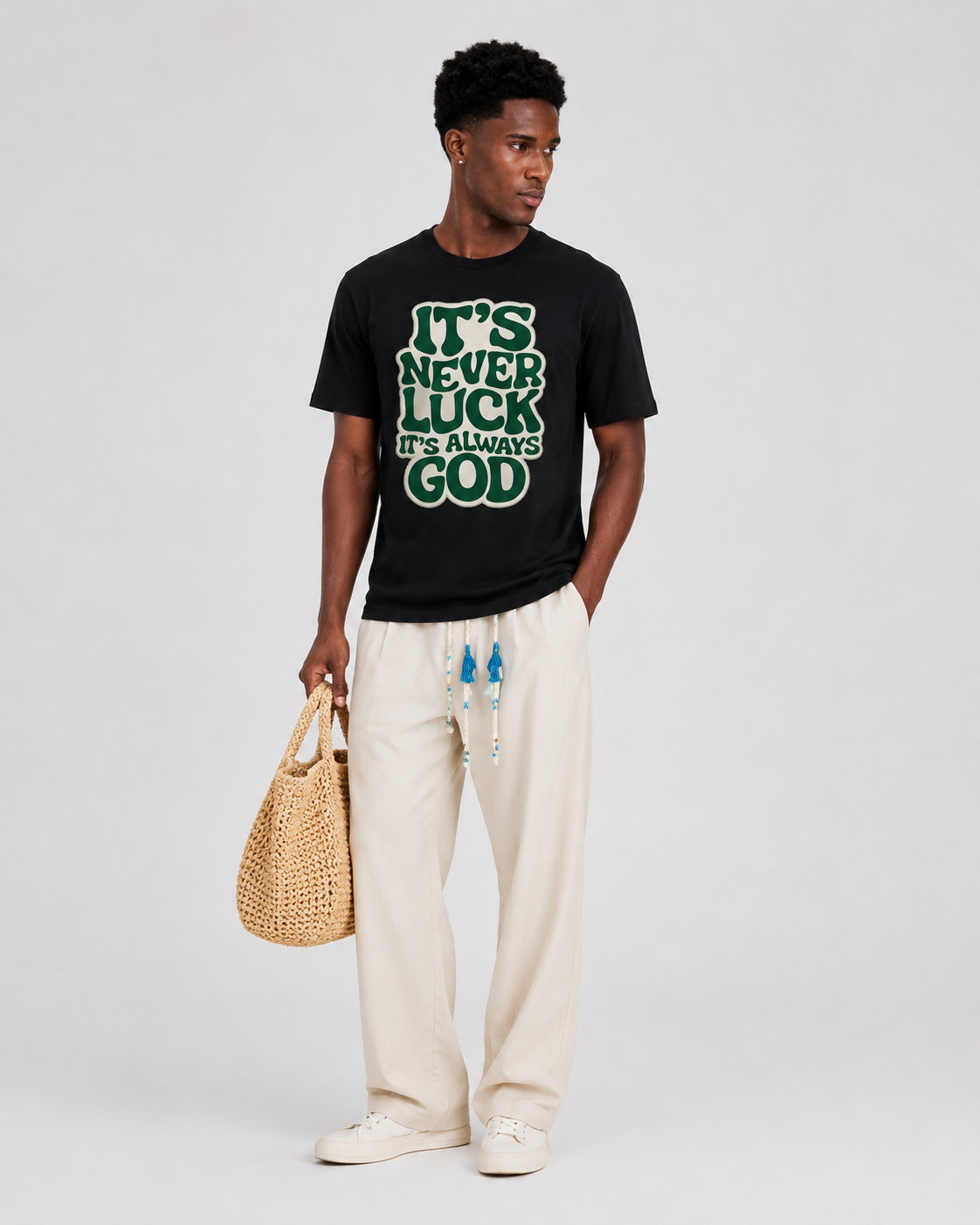 OBSIDIAN "It's Never Luck, It's Always God" Oversized Graphic T-Shirt – Black | Motivational Streetwear Tee